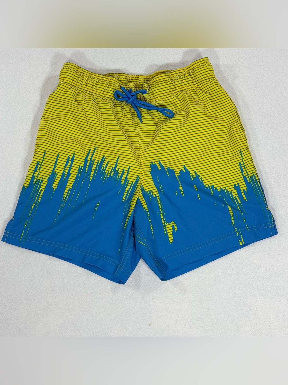 George Men's Blue Yellow Striped Swim Shorts Mesh Lined Drawstring Size Small